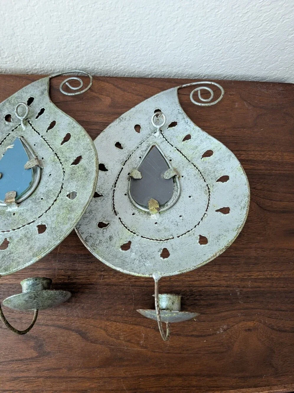 Set Of 2 Metal Paisley Boho Wall Decor Mirror Taper Candle Holders